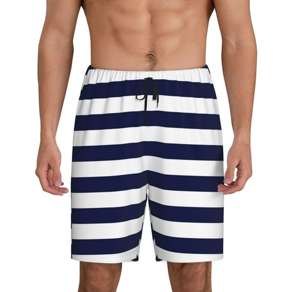 Naloa Navy Blue And White Stripes Men's Short Pajama Pants, Lounge Comfort Shorts with Elasticized Waistband and Side Pockets - X-Large