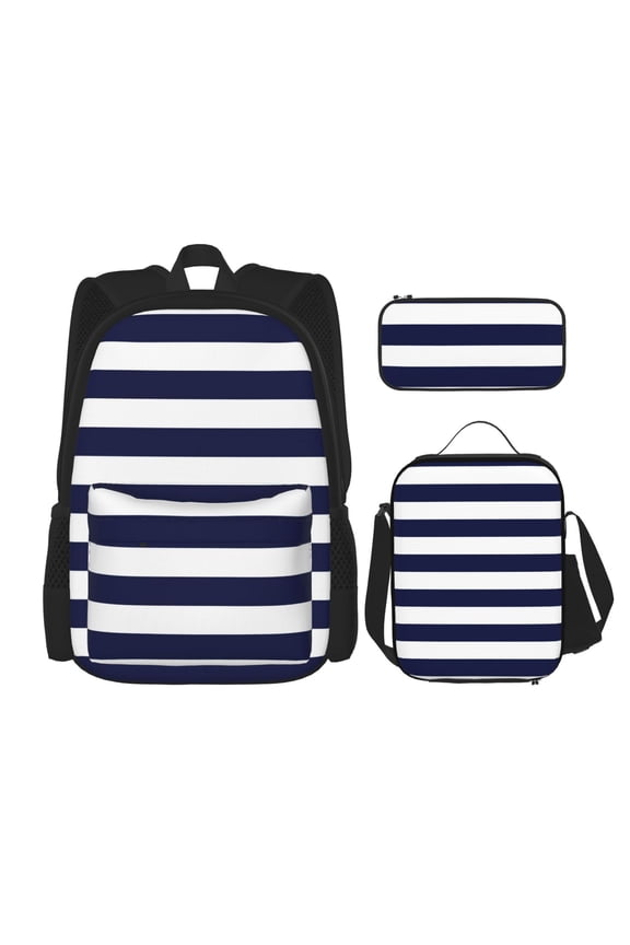 Navy Blue And White Stripes Print Large Capacity Backpack Lunch Bag Pencil Case Combination 3 Piece Set for Student