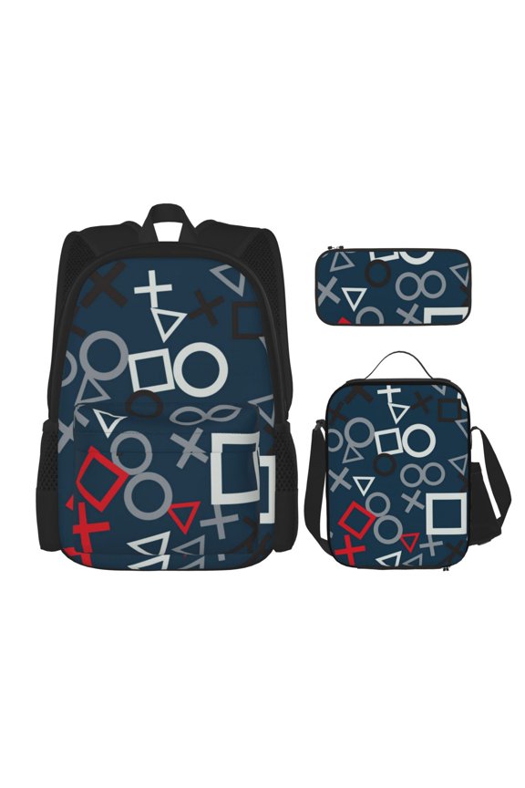 Navy Blue Geometric Print Large Capacity Backpack Lunch Bag Pencil Case Combination 3 Piece Set for Student