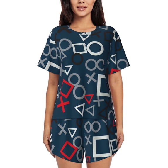 Naloa Navy Blue Geometric Women's Short-Sleeved Pajama Set, Loungewear, Summer pajamas, Breathable Cozy - 3X-Large