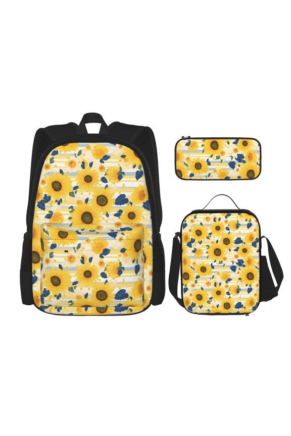 Navy Blue Leaf Sunflower Print Large Capacity Backpack Lunch Bag Pencil Case Combination 3 Piece Set for Student