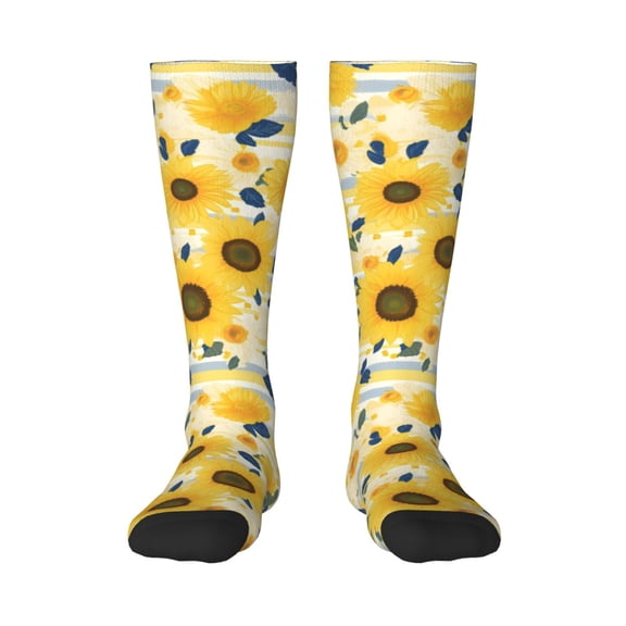 Naloa Navy Blue Leaf Sunflower Thigh High Socks Extra Long Stretchy Sock Women Over Knee High Opaque Stocking Daily Wear