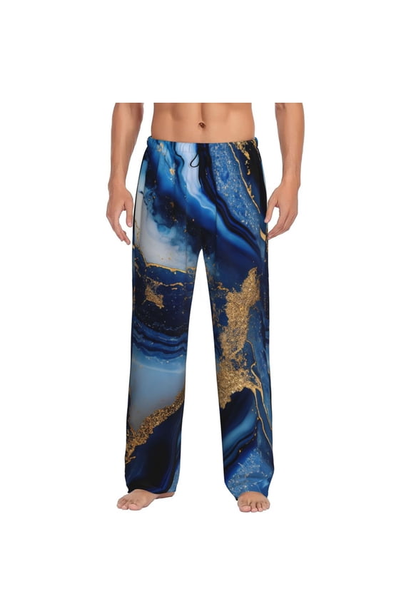 Navy Blue Marble Pajama Pants Men, PJ Bottoms, Sleep & Lounge Pants-X-Large