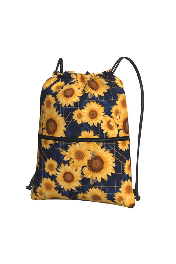 Navy Blue Plaid Sunflower Drawstring Backpack String Bag Cinch Water Resistant for Gym Shopping Sport Yoga