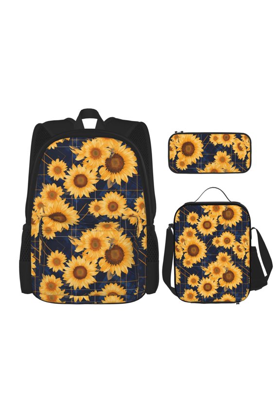 Navy Blue Plaid Sunflower Print Large Capacity Backpack Lunch Bag Pencil Case Combination 3 Piece Set for Student