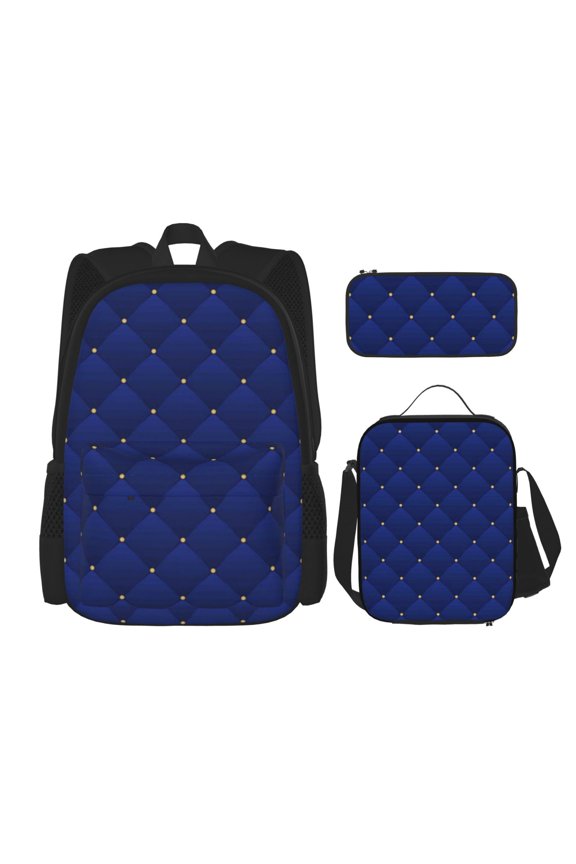 Navy Blue Print Large Capacity Backpack Lunch Bag Pencil Case Combination 3 Piece Set for Student