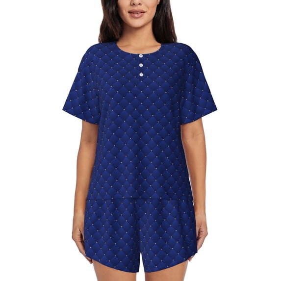 Naloa Navy Blue Women's Short-Sleeved Pajama Set, Loungewear, Summer pajamas, Breathable Cozy - Small