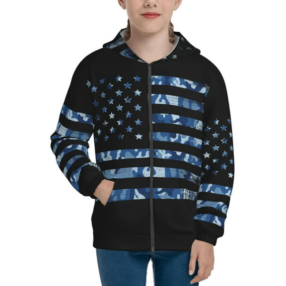 Naloa Navy Camouflage American Flag Teenage Zipper Hoodie, Long Sleeve Zip Up Hoodies Casual Jackets Tops for 7-12 Years-Small