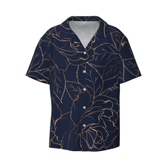 Naloa Navy Dark Blue Men's Loose Fit Cuban Collar Short-Sleeve Shirt with Button-down and Chest Pocket for Everyday Wear Outings - 3X-Large