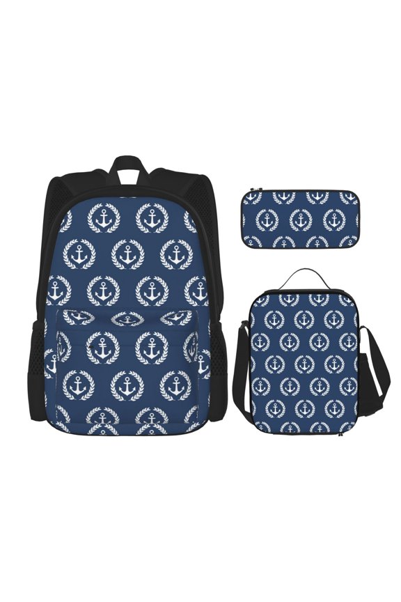 Navy Nautical Print Large Capacity Backpack Lunch Bag Pencil Case Combination 3 Piece Set for Student