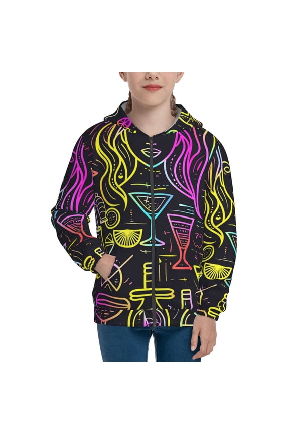 Neon Bar Drinks Teenage Zipper Hoodie, Long Sleeve Zip Up Hoodies Casual Jackets Tops for 7-12 Years-Medium