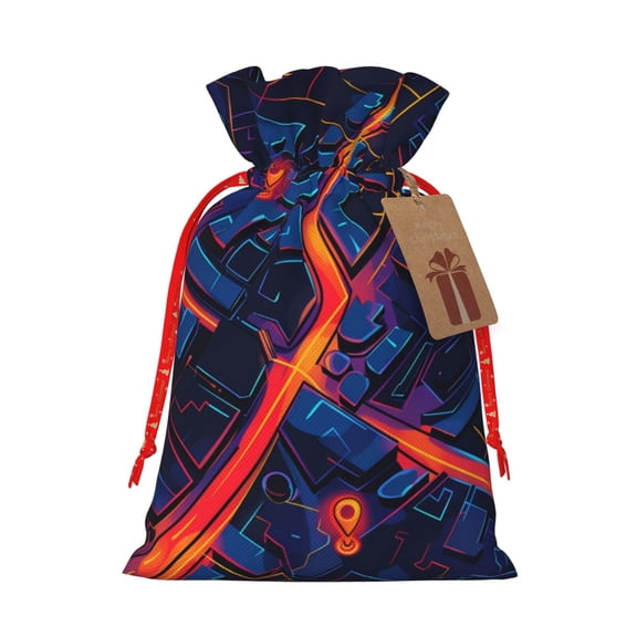 Naloa Neon City Map Drawstring Christmas Bags, 3D Xmas Gift Bags, Christmas Wrapping Bags, Xmas Goodie Bags, Treat Pouch Bags, Party Favor Bags-Small
