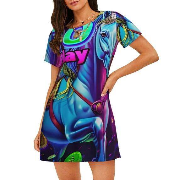 Naloa Neon Free Play Print Women Nightgowns,Womens Loungewear,Short Sleeve Sleepwear,Comfy Ladies Nightdress