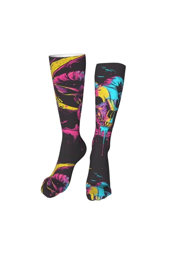 Neon Gothic Skull Moon High Stockings Women Thigh High Stockings Over Knee Long Stockings-One Size