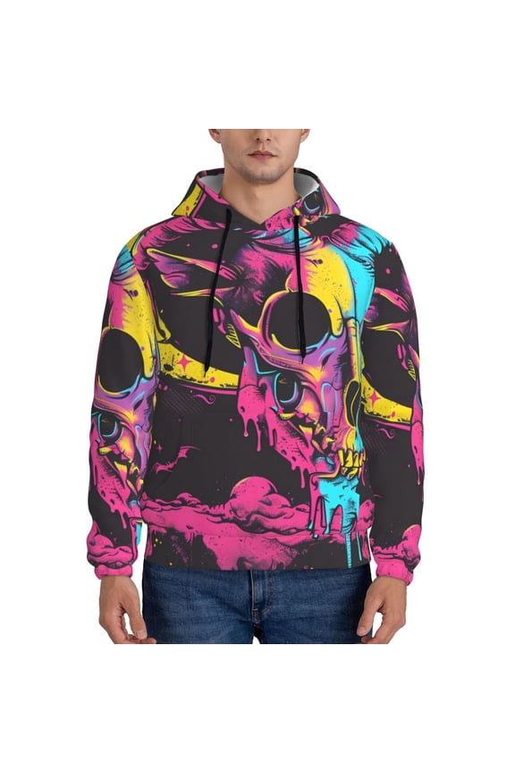 Neon Gothic Skull Moon Men's Casual Hooded Collar Drawstring Hoodies Pullover Sweatshirts Casual Long Sleeve Shirts-Small