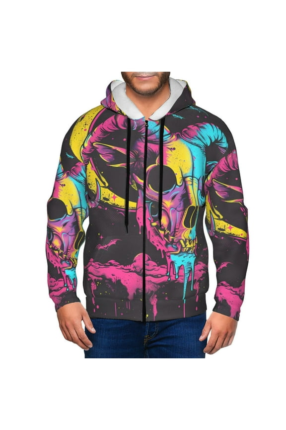 Neon Gothic Skull Moon Men’s Hoodies, Zip up Hoodie, Sweatshirts,Hoodies for Men Sizes S-3XL-3X-Large