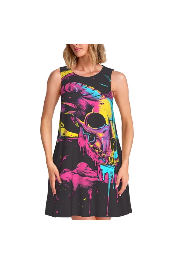 Neon Gothic Skull Moon Print Women's Summer Spring Casual Beach Sundress,Vacation Sleeveless Tank Crewneck Loose Dresses