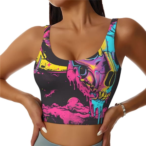 Naloa Neon Gothic Skull Moon Sports Bras for Women,Sports Bras for Women High Support with Removable Pads-
