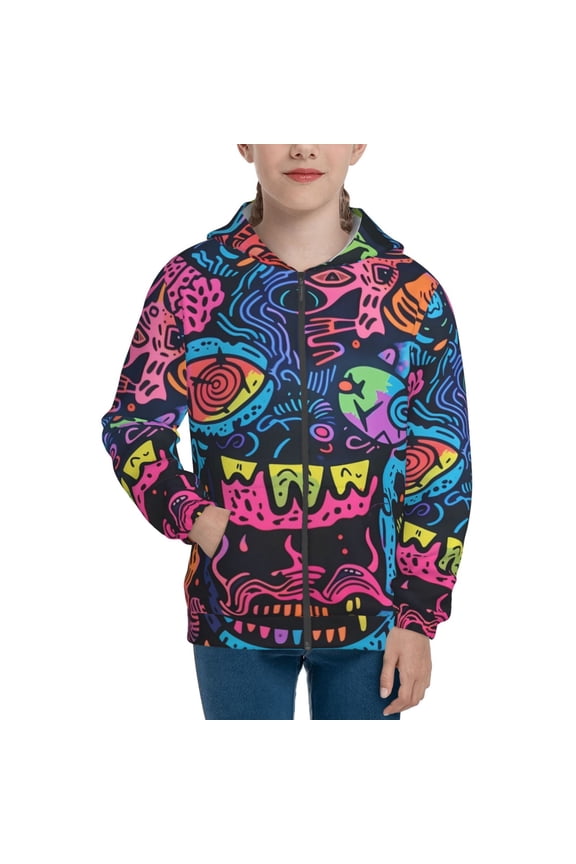 Neon Graffiti Urban Art Teenage Zipper Hoodie, Long Sleeve Zip Up Hoodies Casual Jackets Tops for 7-12 Years-Medium