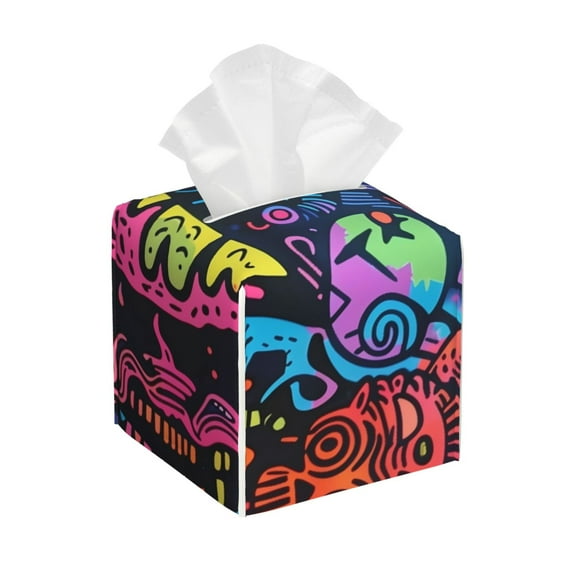Naloa Neon Graffiti Urban Art Tissue Box Cover Leather Tissue Holder Square Facial Tissue Case for Bathroom, Vanity Countertop, Tabletop, Car