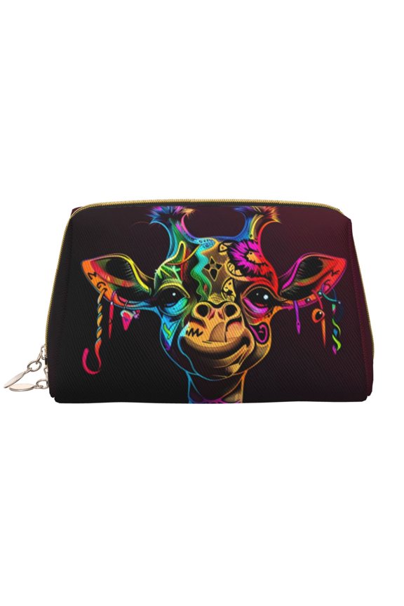Neon Psychedelic Giraffe Leather Makeup Bag for Purse Travel, Portable Small Cosmetic Organizer for Women and Girls, Make up Bag with Zipper