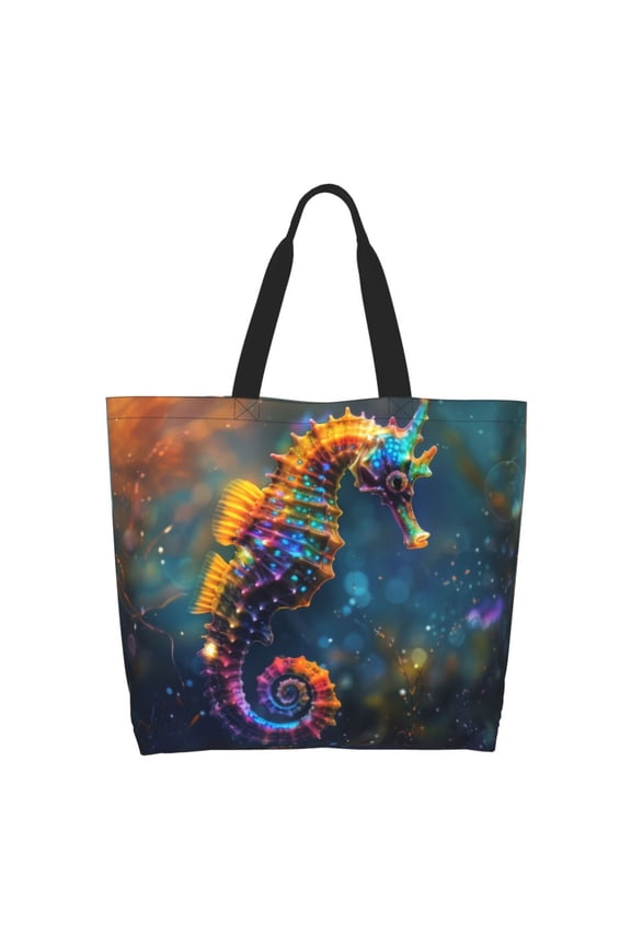 Neon Seahorse Underwater Realm Tote Bag for Women Large Capacity Shoulder Bag for College Work Travel Shopping