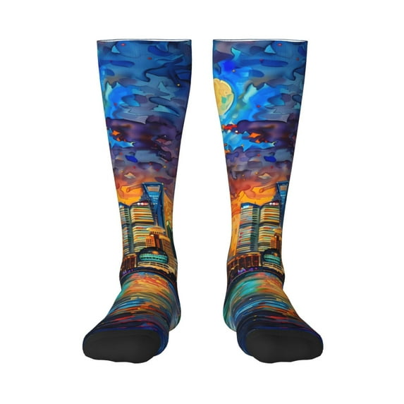 Naloa Neon Shanghai Cityscape Night Knee Socks, High Socks Long Stretchy Sock Women Knee High Stocking, Long Socks for Women