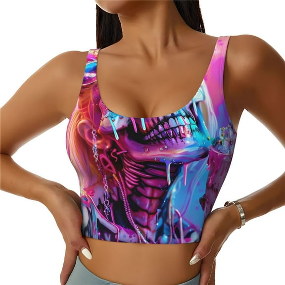 Naloa Neon Skull With Milkshake Sports Bras for Women,Sports Bras for Women High Support with Removable Pads-