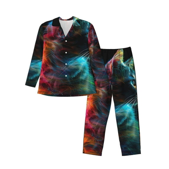 Naloa Neon Spectrum Cat Portrait Men’s Pajamas Set - Long Sleeve Button Down Sleep Shirt and Pajama Bottoms Sleepwear Set-X-Large