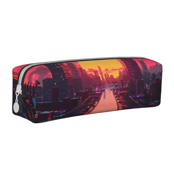 Naloa Neon Sunset Cyberpunk Cityscape Leather Pencil Case, Makeup Pouch, Zipper Pouch for Daily Essentials, Storage Organizer, Cosmetics and Stationary Bag
