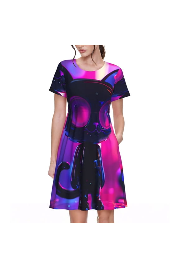 Neon Toy Cat Reflections Print Womens Summer A-Line Dress with Pockets,Short Sleeve Dresses,Flowy Beach Swing Dress for Vacation Travel