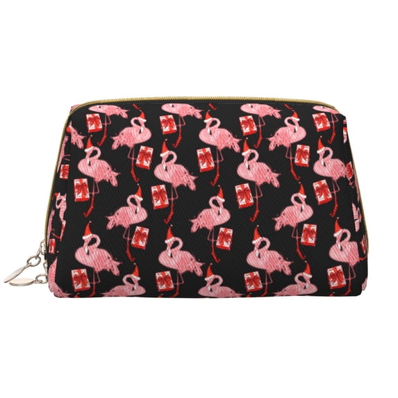 Naloa New Year Flamingo Leather Makeup Bag for Purse Travel, Portable Small Cosmetic Organizer for Women and Girls, Make up Bag with Zipper