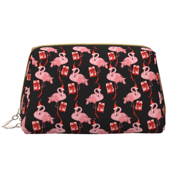 Naloa New Year Flamingo Leather Makeup Bag for Purse Travel, Portable Small Cosmetic Organizer for Women and Girls, Make up Bag with Zipper