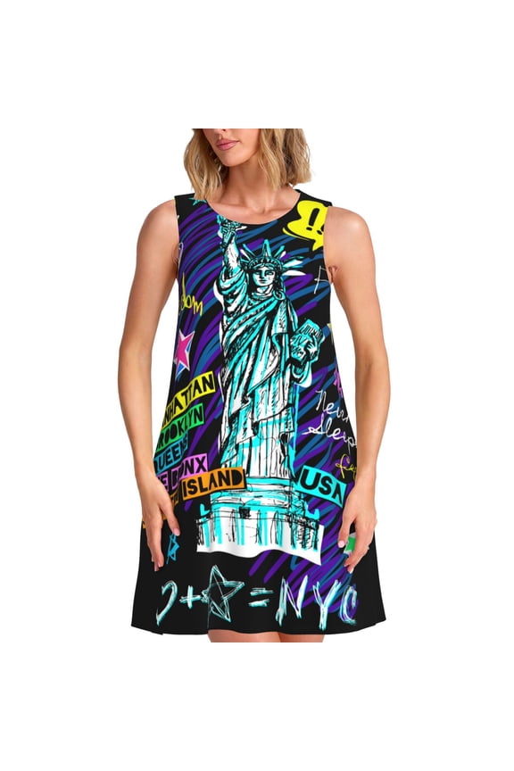 New York City Print Women's Summer Spring Casual Beach Sundress,Vacation Sleeveless Tank Crewneck Loose Dresses