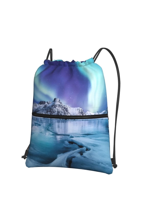 Night At Lake Aurora 1 Drawstring Backpack String Bag Cinch Water Resistant for Gym Shopping Sport Yoga