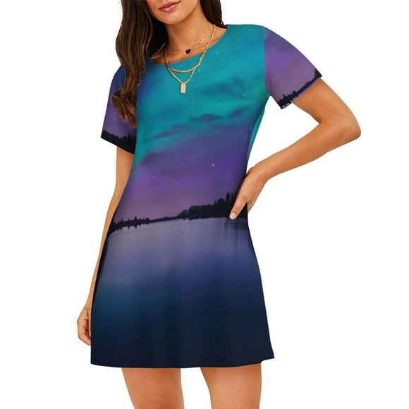 Night At Lake Aurora Print Women Nightgowns,Womens Loungewear,Short Sleeve Sleepwear,Comfy Ladies Nightdress