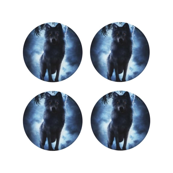 Naloa Night Scene of Wolves Leather Coasters for Drinks, Durable Drink Coasters 4 Set for Tabletop Protection, Luxurious Home Décor and Housewarming Gift ( {designName})Round Shape