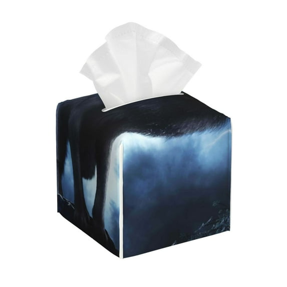 Naloa Night Scene of Wolves Tissue Box CoverLeather Tissue Holder Square Facial Tissue Case Facial Paper Organizer Dispenser for Bathroom, Vanity Countertop, Tabletop, Car