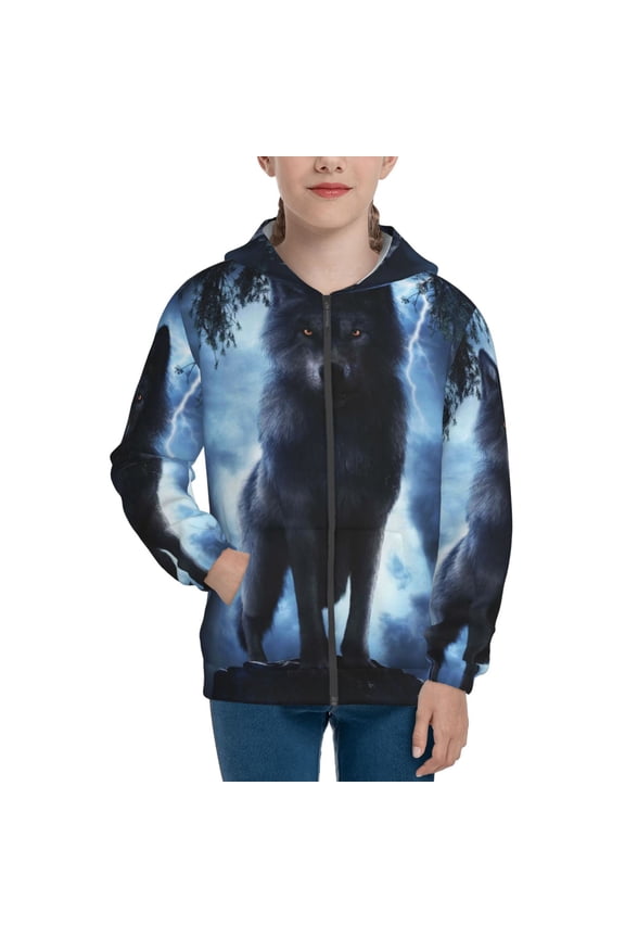 Night Scene of Wolves Teenage Zipper Hoodie, Long Sleeve Zip Up Hoodies Casual Jackets Tops for 7-12 Years-Small