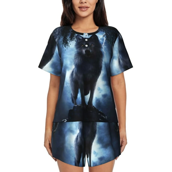Naloa Night Scene of Wolves Women's Short-Sleeved Pajama Set, Loungewear, Summer pajamas, Breathable Cozy - Medium