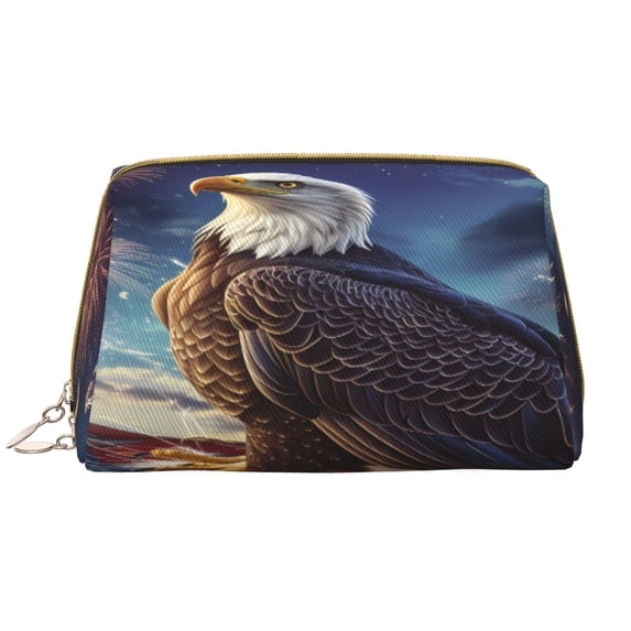 Naloa Night Sky Bald Eagle Leather Makeup Bag for Purse Travel, Portable Small Cosmetic Organizer for Women and Girls, Make up Bag with Zipper
