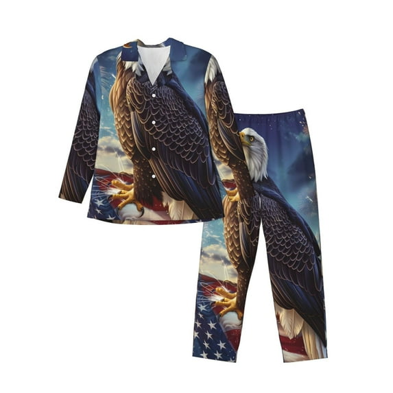 Naloa Night Sky Bald Eagle Men’s Pajamas Set - Long Sleeve Button Down Sleep Shirt and Pajama Bottoms Sleepwear Set-Large