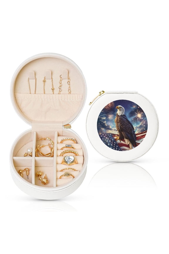 Night Sky Bald Eagle Round Jewelry Box, Travel Jewelry Organizer, 3.9 x 3.9 x 2in Jewelry Storage Box for Women-White