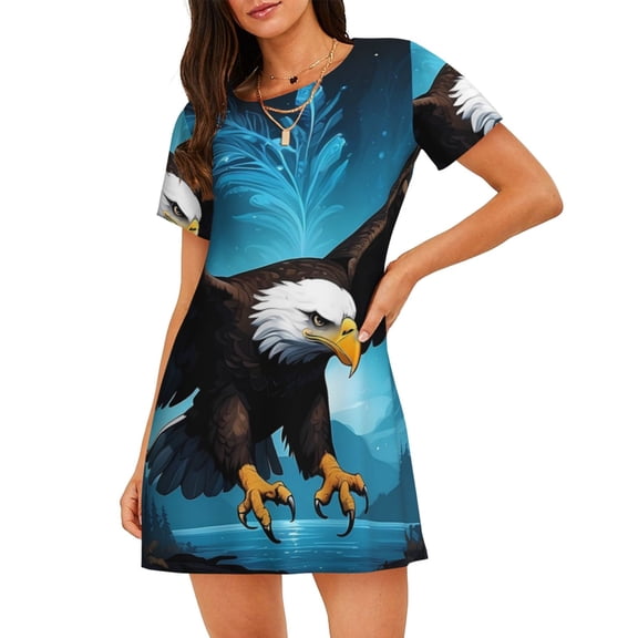 Naloa Night Sky Forest Bald Eagle Print Women Nightgowns,Womens Loungewear,Short Sleeve Sleepwear,Comfy Ladies Nightdress