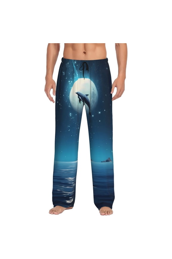 Night Sky Moon Dolphin Pajama Pants Men, PJ Bottoms, Sleep & Lounge Pants-X-Large