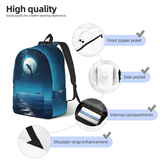 Naloa Night Sky Moon Dolphin Print Durable Canvas College Rucksack,Laptop Excursion Backpack,Travel Notebook School Backpack,Bookbag For Men Women