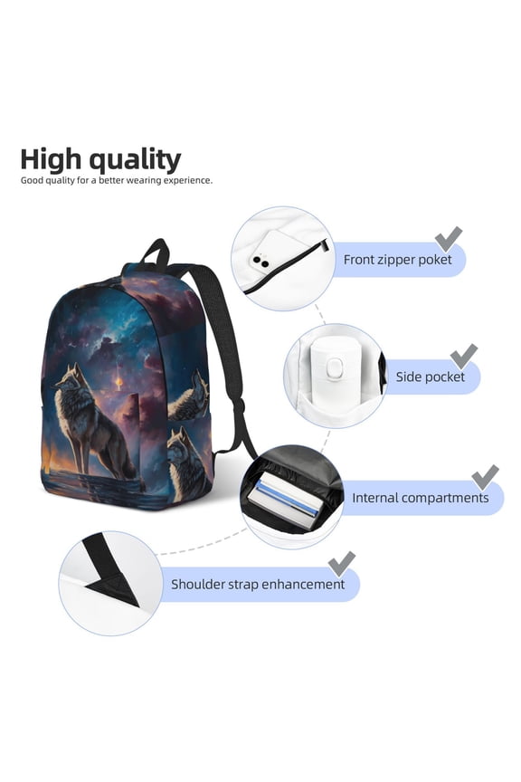 Night Sky Wolf Print Durable Canvas College Rucksack,Laptop Excursion Backpack,Travel Notebook School Backpack,Bookbag For Men Women