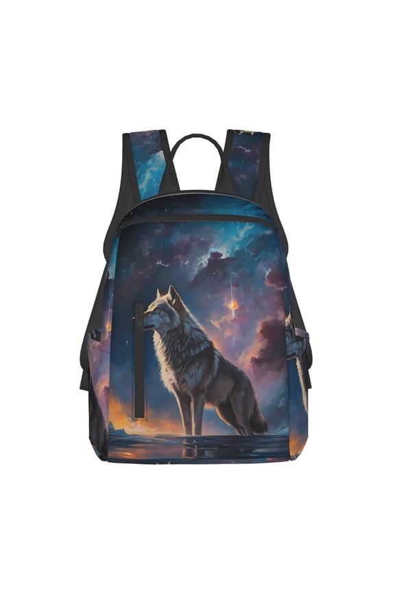 Night Sky Wolf Print Lightweight DayBackpack Suitable for school, work, shopping, travel, etc.
