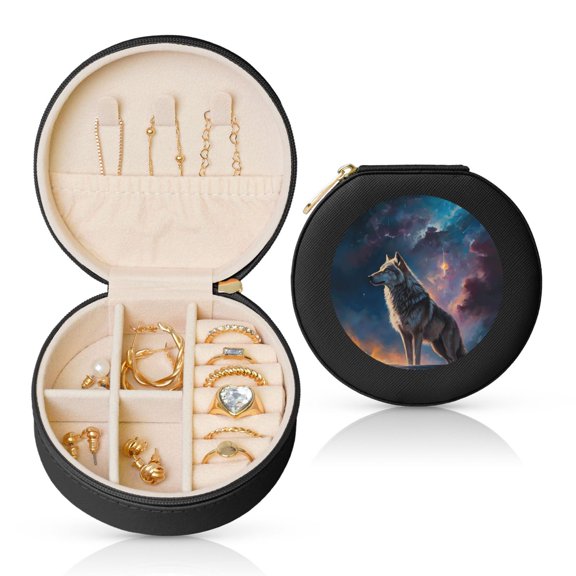 Naloa Night Sky Wolf Round Jewelry Box, Travel Jewelry Organizer, 3.9 x 3.9 x 2in Jewelry Storage Box for Women-Black