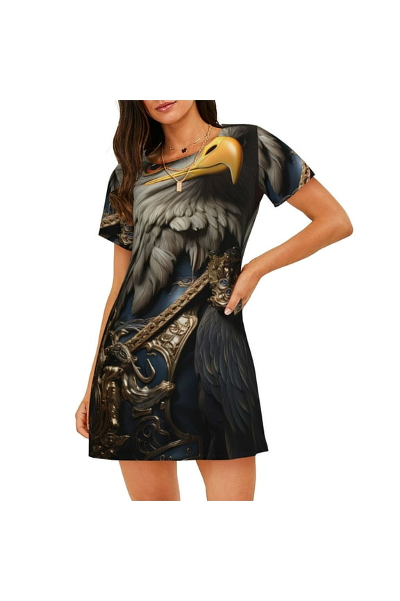 Noble Style Bald Eagle Print Women Nightgowns,Womens Loungewear,Short Sleeve Sleepwear,Comfy Ladies Nightdress